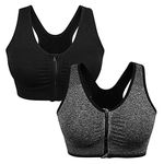 Women's Zip Front Sports Bra Wireless Post-Surgery Bra Active Yoga Sports Bras (XL:Fit 36D,36DD,38C,38D,40B,40C, 2 pack(Black+Grey))
