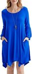 Invug Women Casual Loose Soft Crewneck Long Sleeve Pockets Swing T-Shirt Dress Sapphire Blue XL