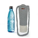 Kind Strings Sling Bottle Bag Wine Bottle Gift Bag Handmade Eco-Friendly Crochet Knitted Sling Water Bottle Cover for 1 Litre Bottles for Office & Travel (Grey & Off White)