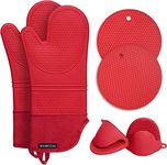 rorecay Extra Long Oven Mitts and Pot Holders Sets: Heat Resistant Silicone Mittens with Mini Gloves Hot Pads Potholders for Kitchen Baking Cooking, Quilted Liner, Pack of 6 (Bright Red)