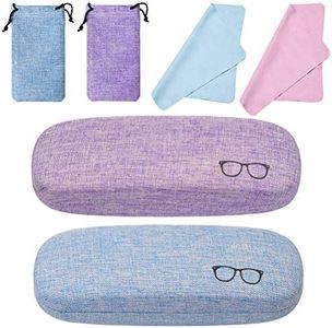 kuou 2 Pack Hard Shell Eyeglasses Case, Linen Fabric Protective Glasses Case with Drawstring Pouch Cleaning Cloth for Glasses Storage