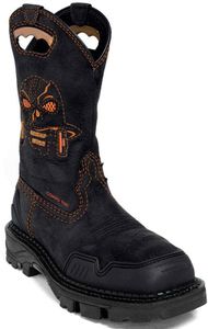 Western Boots for Men Square Toe Cowboy Boots Embroidered Skeleton Men's Western Work Combat Boot Retro Cowboy Mid Calf Boots Stitching Embroidered Printed Pull On Stacked Low Heel PU Leather Shoes