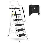 HBTower 5 Step Ladder with Handrails, Folding Step Stool with Tool Platform, 150 KG/330 LBS Portable Steel Ladder for Adults for Home Kitchen Library Office, White