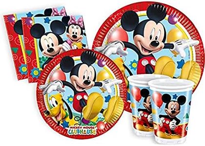 Kit Party Tavola Disney Mickey Mouse Club House per 8 Persone (44 pezzi: 8 piatti carta Ø23cm, 8 piatti carta Ø20cm, 8 bicchieri plastica 200ml, 20 tovaglioli carta 33x33cm)