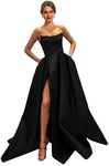 MllesReve Womens Long Strapless Satin Prom Dress Sleeveless Slit Evening Ball Gown with Pockets, Black, 8