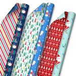 Hallmark Reversible Christmas Wrapping Paper for Kids (3 Rolls: 120 Sq. Ft. Total) Snowmen, Stripes, Trees, Skiing Santa, Zebras, Hedgehogs, Penguins