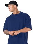 Veirdo®Navy Oversized Baggy Fit Drop Shoulder Half Sleeves Round Neck Solid Pure Cotton T-Shirt for Men (OS_100_NAVY_XL)