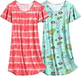 Ekouaer 2 Pack Nightgowns for Women Flare Short Sleeve Sleepshirt V Neck Sleepwear Pajama Dress Beach + Orange Wave XL