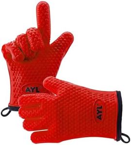 AYL Silicone Smoker Oven Gloves - Extreme Heat Resistant BBQ Gloves - Handle Hot Food on Grill, Pit & Turkey Fryer | Waterproof Meat Handling Mitts with Cotton Layer | Set + Bonuses (Red)
