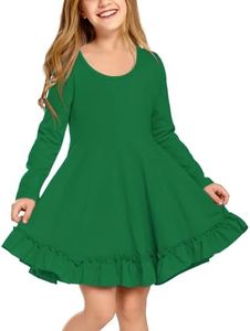 Arshiner Girls Dress Long Sleeve A Line Twirly Skater Loose Casual/Party Dresses with Pocke Green 10-11 Years