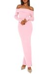 PRETTYGARDEN Women's Fall Sweater Dress Long Sleeve Off Shoulder Slit Maxi Bodycon Cocktail Party Dresses (Light Pink,Large)