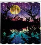 Ambesonne Purple Shower Curtain, Lake Moonlight Stars in Night Sky with Trees Contemporary Modern Design, Cloth Fabric Bathroom Decor Set with Hooks, 69" W x 70" L, Dark Colors