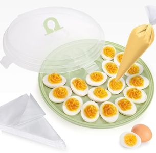 HANSGO Deviled Egg Platter with Lid, Round Egg Containers with 50PCS Icing Bags Deviled Egg Tray for Home Kitchen Supplies Party Favor