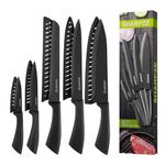 Kitchen Knife Set 5-PCs with Covers - Black Non-Stick Kitchen Knives Sets with Sheaths- Rust-Resistant Carbon Steel Chef Knife, Bread Knife, Slicing Knife, Utility Knife & Paring Knife