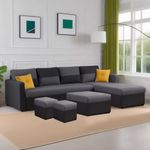 FURNY Arnoza 8 Seater Fabric RHS L Shape Sofa Set with 1 Centre Table & 2 Ottomans Dark Grey-Black