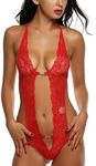 KISSMO Women Crotchless Lingerie Bodysuit Lace Babydoll Teddy Honeymoon Lingerie (XXL, Red)