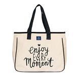 AQVA Cotton Tote Bag for Women & College Girls | Black and white Handbag with Weekend Vibes print | Trendy Western Style Handbag with Zip | Canvas Bag for Shopping, Travel and Office.(Moment)