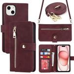 Ｈａｖａｙａ etui for iPhone 15 Case with Card Holder iPhone 15 case with Strap for Women Crossbody Wallet case Flip Leather Zipper Cover étui portefeuille Pour Femmes-Red Wine