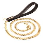 MTRSUE 4ft 18K Plated Dog Leash with Leather Handle, 316L Fully Welded Stainess Steel Metal Chew-Proof Dog Leash, Prevent Pulling Dog Leash for Large Medium Dogs (4ft Leash)