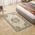 Dripex Washable Bedroom Rug 80x150cm, Cream Vintage Bedside Rug for Bedroom, Machine Washable Kitchen Rug Non Slip Hallway Rug Traditional Fireside Rug for Living Room