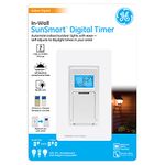 GE SunSmart in-Wall Digital Timer, Push Button, Backlit LCD, Automates Indoor and Outdoor Lights, Daily/Weekly Settings, ON/Off, Sunset/Sunrise Presets, White and Lt. Almond Door, 32787