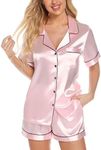 Leikar Womens Silk Summer Pajamas Shorts Set Floral Button Down Pjs Satin Loungewear Soft Sleepwear, Pink, Medium