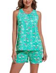 CHUNG Women's Short Pajama Set Cotton Tank Tee Top Pjs Shorts Cute Animals Print Summer Plus Size Green Flamingo, L