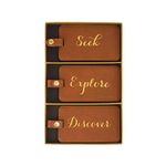 Eccolo 3 Pack Luggage Tag Set, Suitcase Tags Identifiers with ID Cards, Faux Leather, Snap Closure, Seek, Explore, Discover (Brown, 2.5 x 4.5 inches)