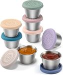 8P Salad Dressing Pots To Go Food Container Sauce Pots With Leakproof Silicone Lid,2.4oz Small Condiment Containers,Reusable Round Stainless Steel Sauce Cups Dips for Lunch Bento Box,Picnic and Travel