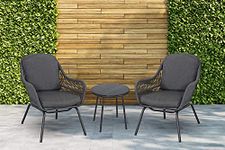 DEVOKO 3 Piece Outdoor Conversation Set with Handwoven Rope Chairs & Waterproof Cushions in Grey - Perfect for Backyards & Gardens