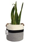 ScarCO Woven Cotton Rope Plant Basket Organizer Storage - Leather Handles - Perfect for Nursery, Plants, Toys, Bathroom, Pets, Etc - Small 8"x7" (Grey + Black)