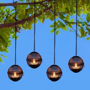Solar Hanging Lanterns Lights Outdoor, 4 Pack Hanging Candle Holder with Solar Tea Lights Solar Candles Outdoor Waterproof, Solar Chandelier Ideas for Tree Pergola Patio Decor, ALL FORTUNE