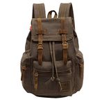 Vintage Unisex Casual Leather Backpack Canvas Rucksack Bookbag Satchel Hiking Backpack Travel Outdoor Shouder Bag (Brown)