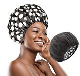 Terry Cloth Lined Shower Cap for Women Large Double Layer Shower Cap with Microfiber Dry Hair Function Resuable Waterproof Breathable Bath Cap Black&White Dots Design