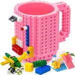 TOYAMBA Build-on Brick Mug BPA-Free Funny Coffee Mug with 3 Packs of Building Bricks, Funny Cups for Kids - Creative Building Block Mug DIY Idea 16OZ (Pink)