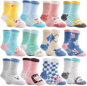 Baby Girls Toddlers Grips Socks Kids Non Skid Anti Slip Fun Cotton Gift Infant Crew Socks 12 Pairs Stocking Stuffers(Animal Series, 3-5 T)