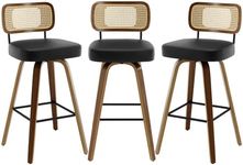 Bekrvio Swivel Bar Stools Set of 3, Upholstered Faux Leather Barstools with Rattan Back, 29" Seat Height Bar Chairs for Kitchen Island, Bentwood Wood Frame, Black