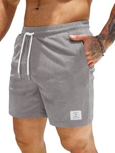 JMIERR Shorts for Men Corduroy Casual Elastic Waist Drawstring Lightweight Quick Dry Cool Shorts with Letter Patched Detail 5 Inch US 42 (3X-Large) Grey