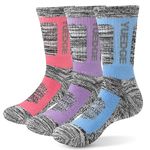 YUEDGE 3 Pairs Women's Wicking Cushion Crew Socks Outdoor Multi Performance Hiking Trekking Running Walking Socks WL 4-7 Light Blue/Pink/Purple