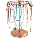 BELLE VOUS Copper Metal Rotating Jewellery Holder Display Stand (23 Hooks) - H34.8 x W20.5cm / 13.70 x 8.07 Inches - Hanging Organiser Tower Rack - Storage for Necklaces & Bracelets, Rings & Earrings