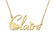 18k Gold Plated Claire Heart Name Pendant Charm Necklace for Womens Birthday Graduation Stainless Steel Jewelry