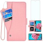 Compatible with LG K51/Reflect LTE/Q51 Wallet Case Tempered Glass Screen Protector and Flip Cover Card Holder Cell Phone Cases for LGK51 K 51 51K L555DL 2020 LGK51Phone LG51Cases Girls Women Men Pink