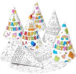 WERNNSAI Birthday Hats for Kids - 12 PCS DIY Coloring Party Cone Hats Happy Birthday Decorations White Paper Headwear with Elastic String for Kids Adults Family Classroom Activities Supplies