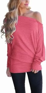 Lacozy Long Sleeve Sweatshirt for Women Fashion Off The Shoulder Tops Pullover Sweaters Batwing Tunic Watermelon Red Size Medium