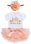 OoSweetCharlotteoO Newborn Baby Girl Coming Home Outfit Hello I am New Here Bodysuits 3pcs (Newborn) (Newborn, Peach Short Sleeve)