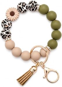 Elystara Leopard Daisy Silicone Beaded Keychain Wristlet for Women, Animal Print Key Ring Bracelet for Car Keys, Western Boho Wristlet Keychain with Tassel and Flower Charm