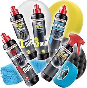 Detailmate Kit de polissage - Menzerna 250ml: Super Heavy Cut Compund 1000 + Medium Cut 2500 + Final Finish 3000 + Liquid Carnauba Protection + 3 disques + chiffon de polissage + papier cache 3M