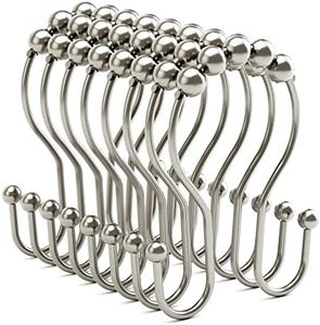 Shower Curtain Hooks Brushed Nickel Shower Curtain Rings Rust Proof, Bathway Balanced Smooth Glide Double Shower Curtain Hooks, Sturdy Shower Hooks for Shower Curtain 12 Pcs Shower Rod Hooks
