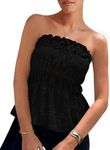 PRETTYGARDEN Women's Boho Tube Tops 2025 Summer Strapless Off Shoulder Eyelet Smocked Peplum Trendy Going Out Bandeau Top (Black,Medium)