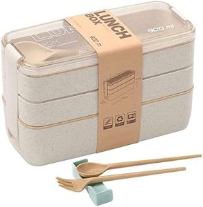 Rarapop Beige Stackable Bento Lunch Box Kit for Kids, 3-In-1 Compartment Wheat Straw Lunch Containers with Tableware, Reusable On-the-Go Meal and Snack Containers 900ml